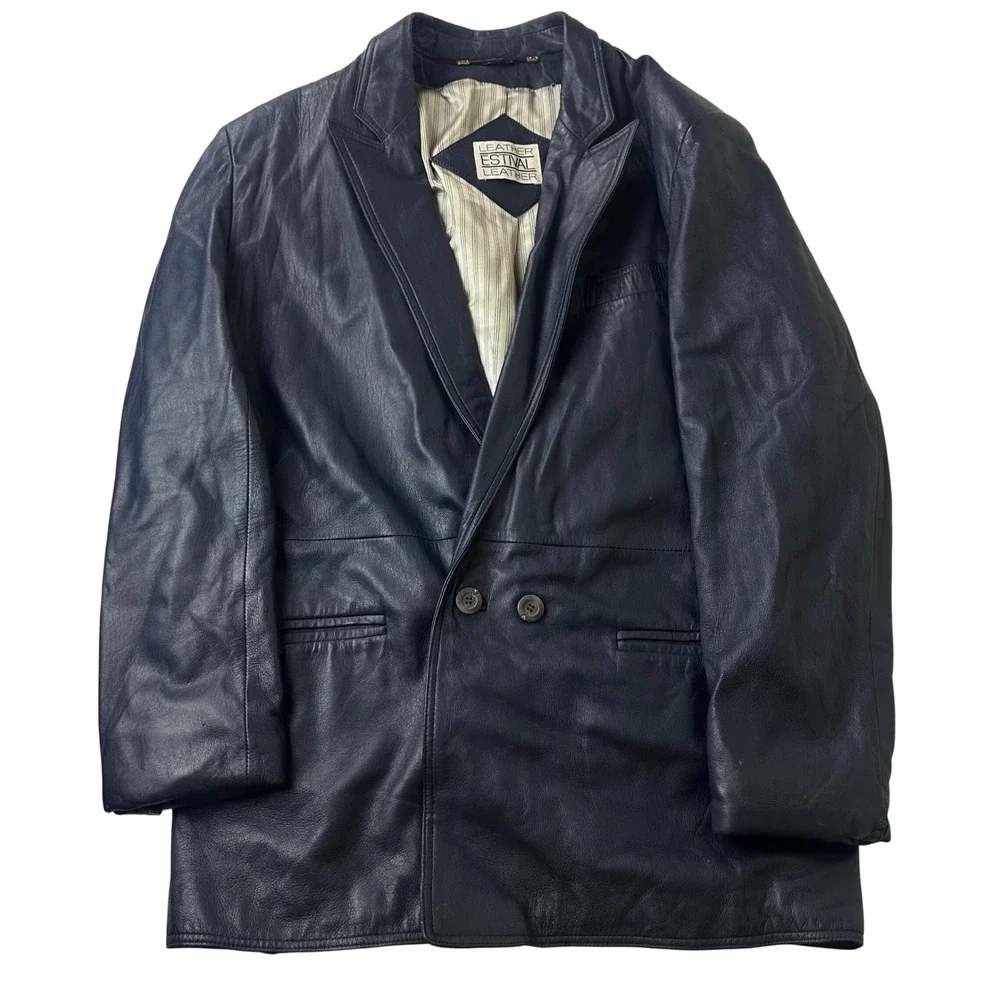 Estival Leather Jacket Mens 42 Tall Navy Blue Double Breasted Blazer Outdoor